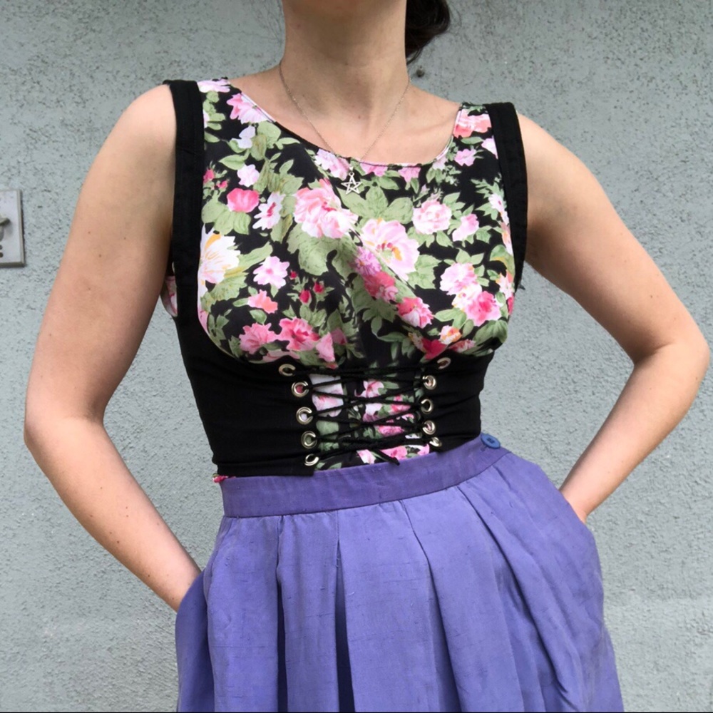 Vintage Floral Tank Top XS Coquette Cottagecore 90s Pastel Kawaii Lolita Grunge